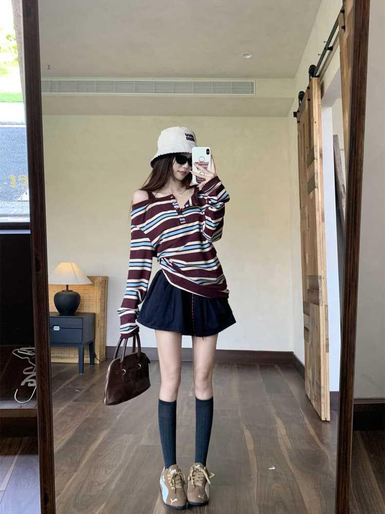 Korean Style One-Shoulder Contrast Stripe Patchwork Long-Sleeve T-Shirt with Spaghetti Straps for Women - Spring/Autumn Chic Top