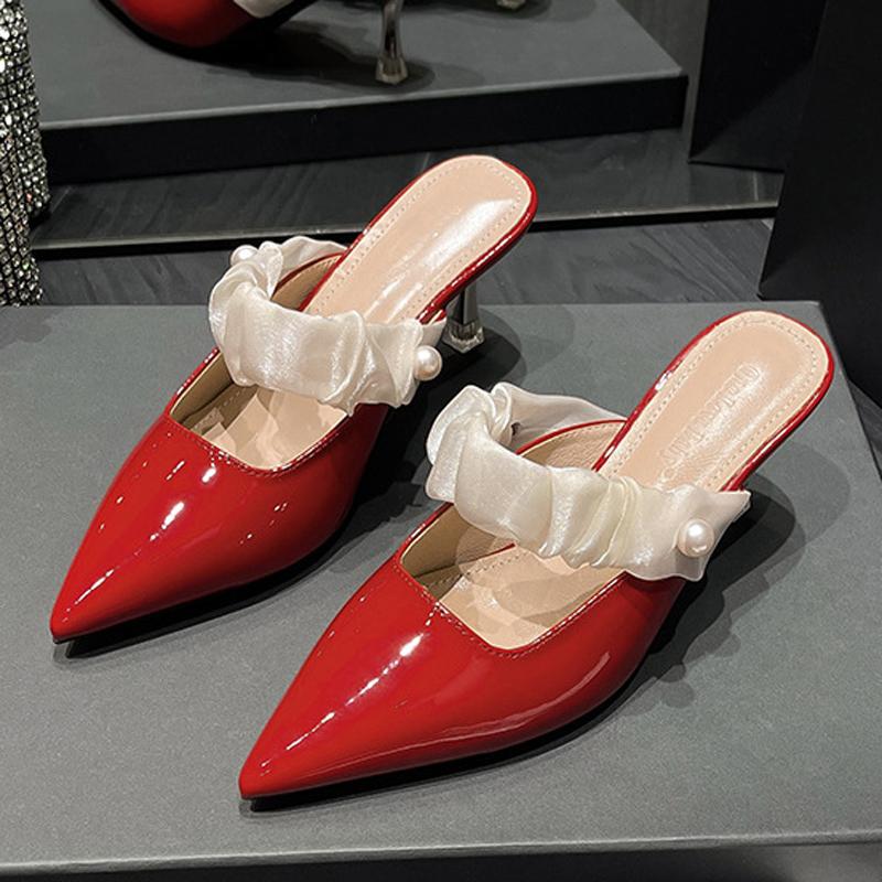 Fashion Elastic Lace Ribbon Band Slippers Woman Patent Leather Pointed Toe Shoes Ladies Gold High Heels Mules Party Dress Sliders Female