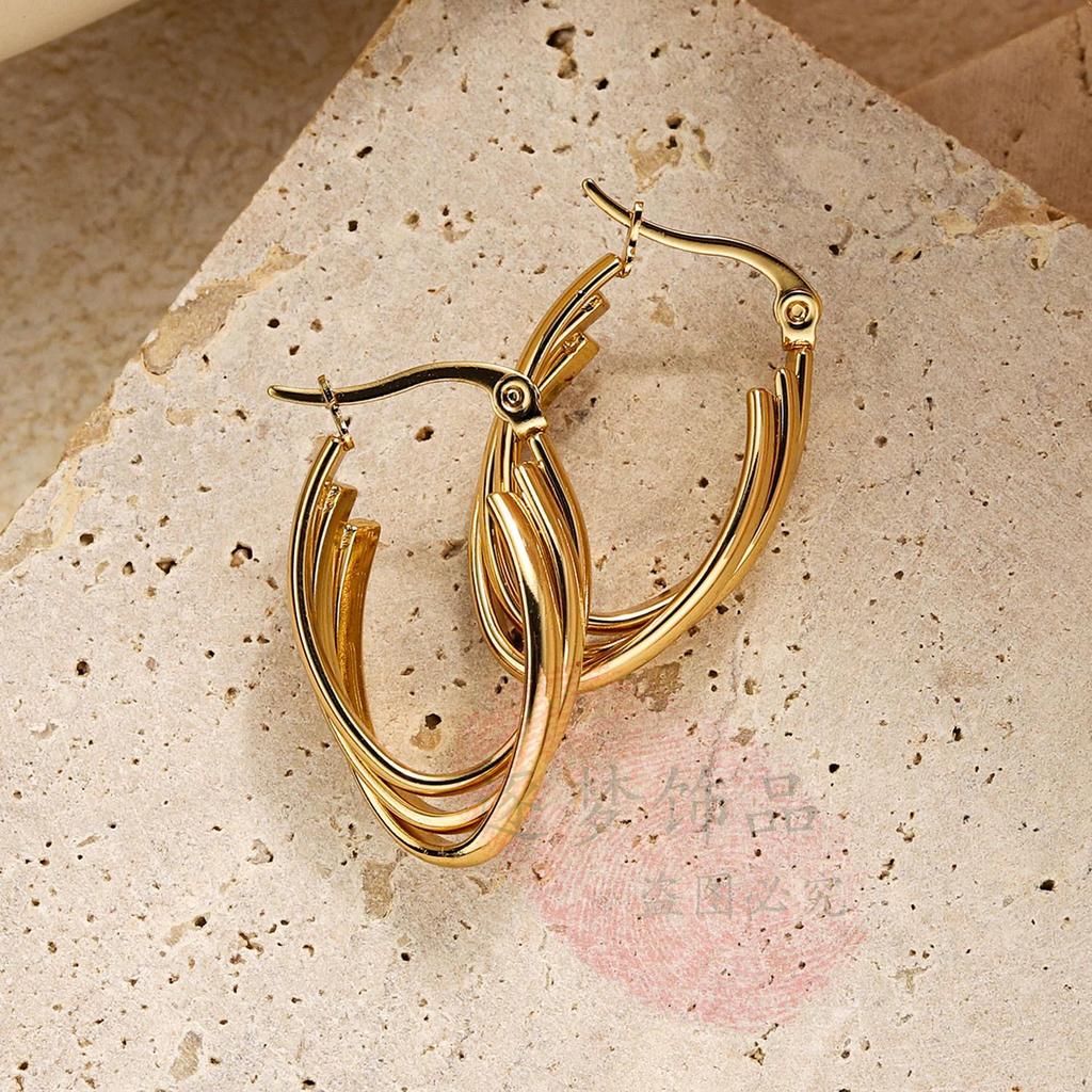 Gold Water Drop Retro Earrings - Lightweight Stainless Steel Hoops with Three-Layer Hollow Design