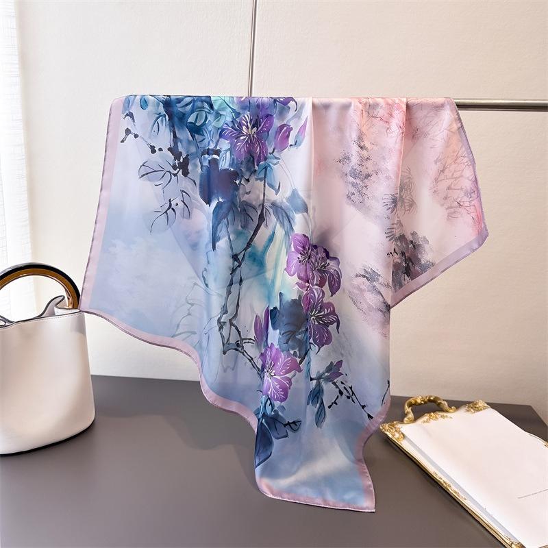 68Cm Pink Daisy Printed Scarf Women'S Autumn And Winter Polyester Fiber Scarf Versatile Warm Sun Protection Headscarf Neck Shawl