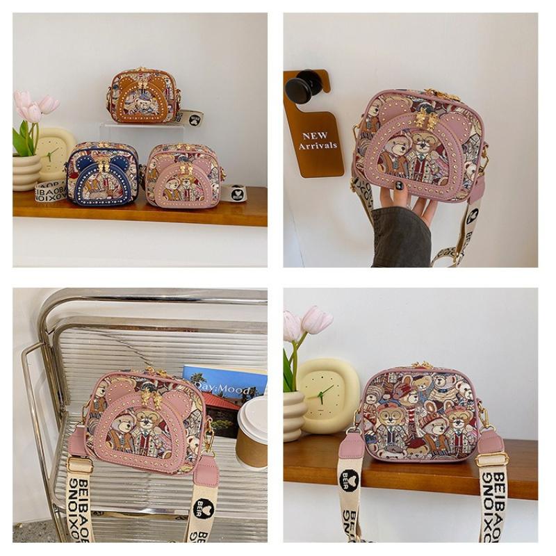BEIBAOBAO New Canvas Embroidered Small Square Bag Cute Cartoon Small Bear One Shoulder Bags Fashionable Exquisite Design Rivet Women's Messenger Bag