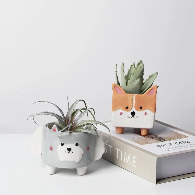 1pc Cute Succulent Pot Ceramic Puppy Animal Flower Pot Creative Mini Gardening Bedroom Plant Pots Home Ornaments