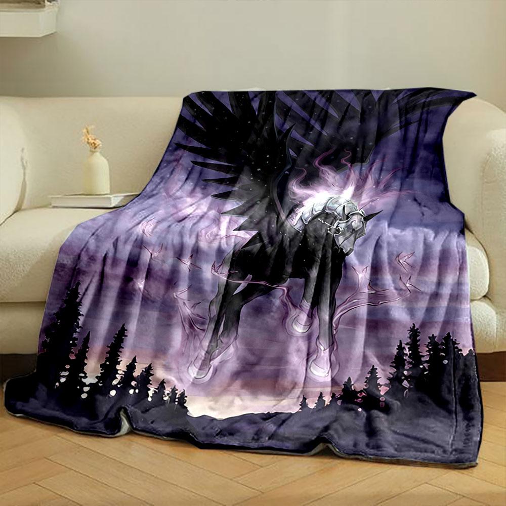 A winged, armored horse with glowing purple energy over a twilight forest. for all seasons blanket lunch break throw gift