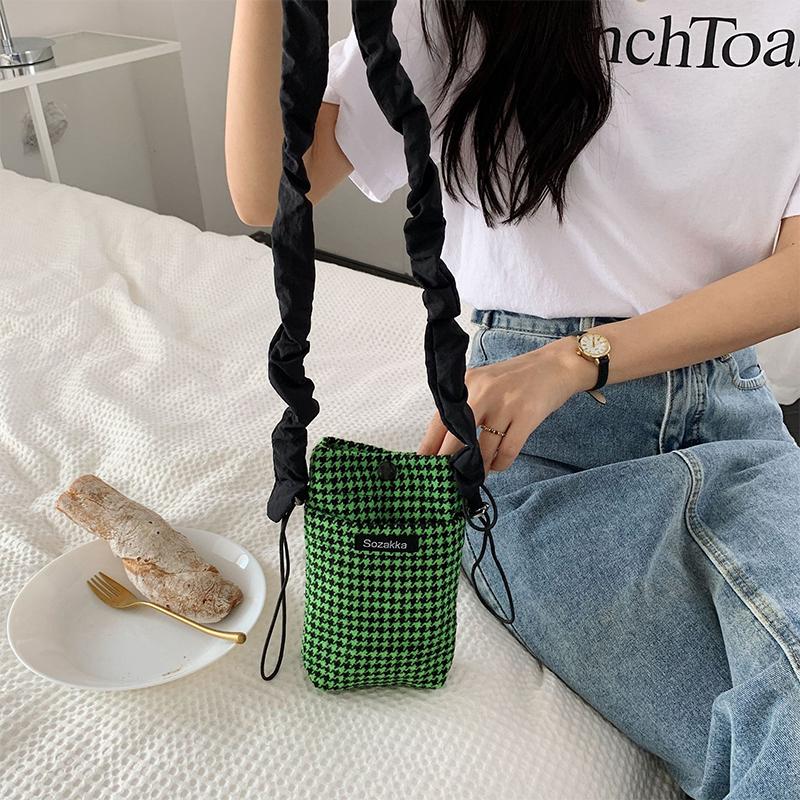 

Cute Girls Student Messenger Bags Phone Pouch Retro Houndstooth Small Shoulder Crossbody Bag Female Pleated Straps Purse Handbag