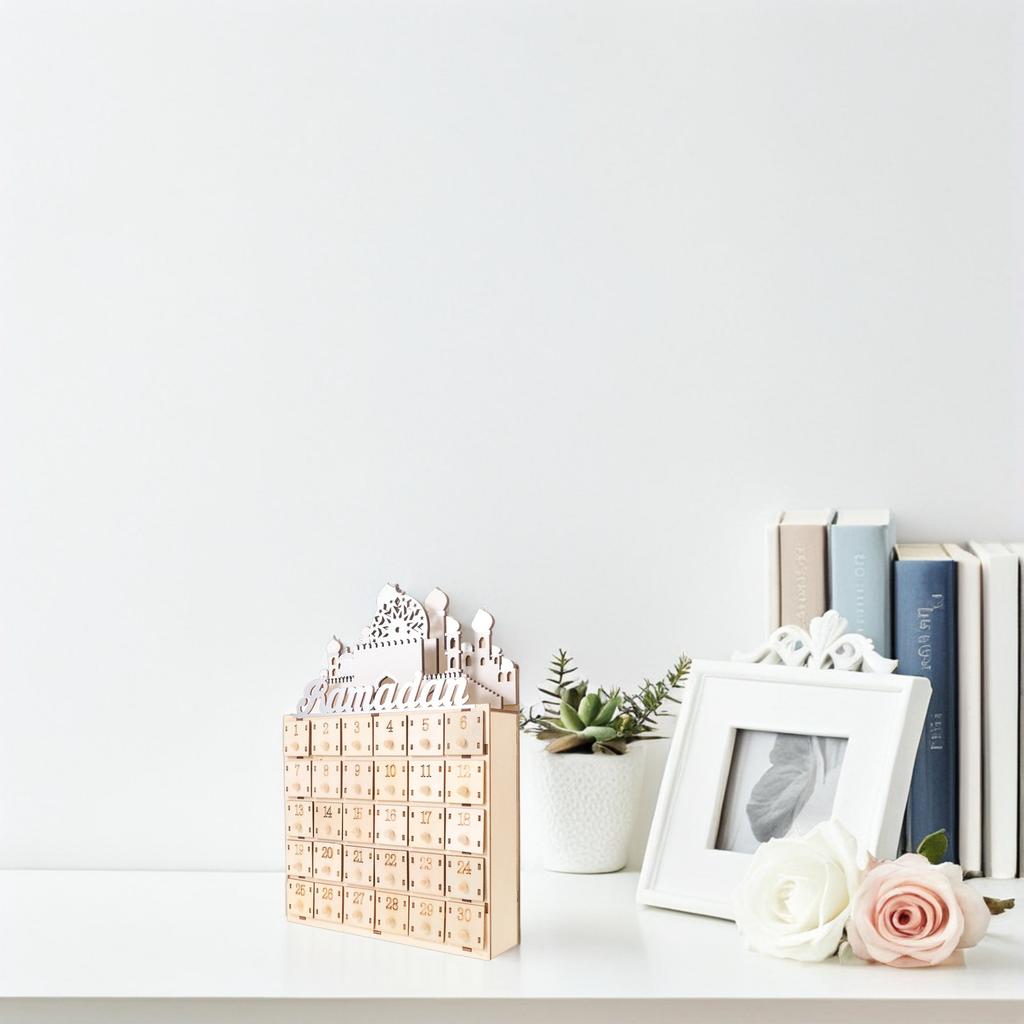 30-Day Ramadan Wooden Countdown Calendar with LED Lights Middle Eastern Castle Silhouette Eid Mubarak Festival Decor Home