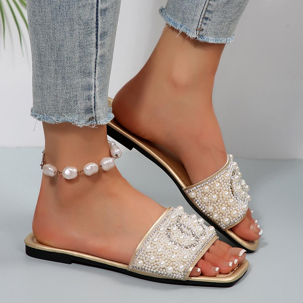 [Foreign Trade] Celebrity niche fairy thick heel cool slippers female summer wear fashion out flat bottom one-word drag