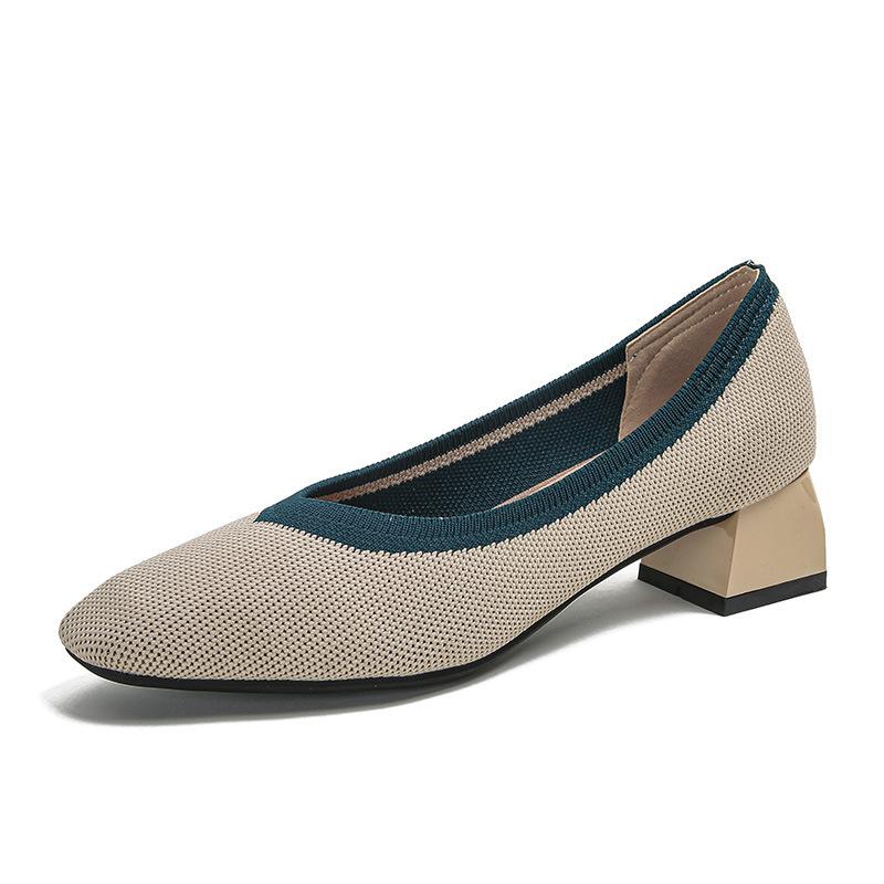 Strength Fashion Versatile Flying Knitting Comfortable Coarse Heel Pointed Small Square Head Knitted Women's Shoes