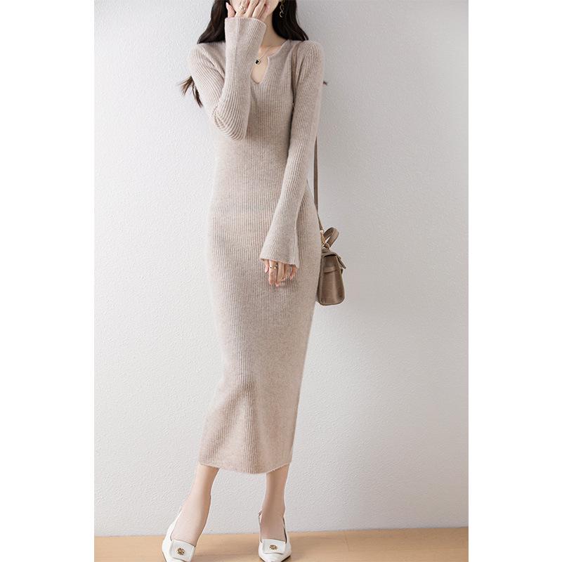 Autumn-Winter Pure Wool Trumpet Sleeve Mid-Length Sweater Dress