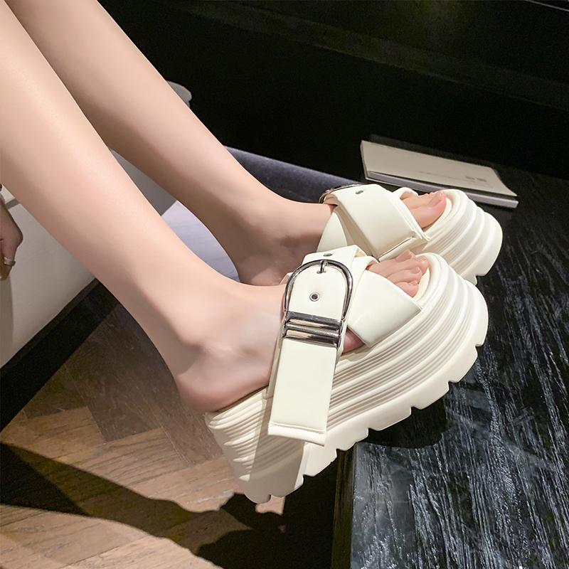 Fashion NEW 8CM Heels Wedge Slides Sandals Women Casual Outdoor Slippers Female Summer Buckle Beach Slipper Walking Chunky Shoes Woman