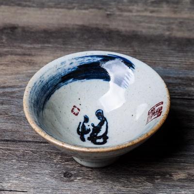Hand-Painted Calligraphy Tea Bowl - Ancient Pottery Bamboo Hat Cup for Puer Tea & Zen Ceremony, Single Chinese Tea Ceremony Cup