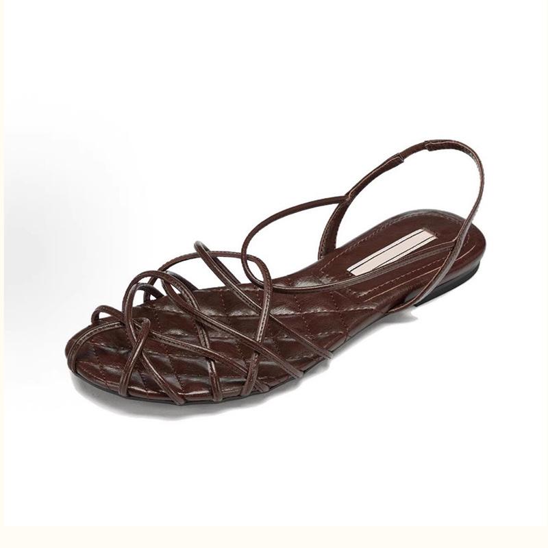 

Sheepskin version~ French retro ribbon woven hollow open-toed sandals women s 2025 summer versatile flat-bottomed Roman cool 40 коричневый