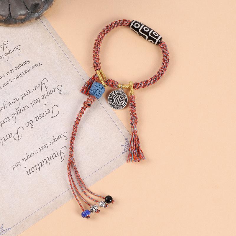 Original Design Retro Tibetan Nine-eye Dzi Bead Bracelet, Men's and Women's Hand Rubbing Rope, Woven Fringed Wenwan Hand Rope