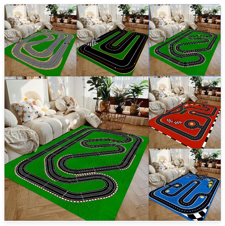 Interactive Race Track Play Rug for Kids Educational Car Play Mat Non Slip Roadway Carpet for Bedroom Playroom Game Area Decor
