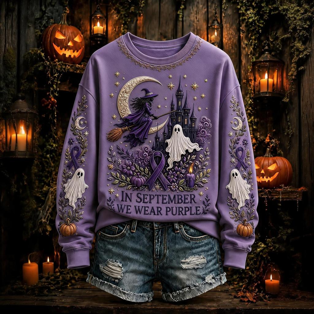 Women's Halloween Printed Pullover Top with Neck and Long Sleeves for Casual Fall Wear
