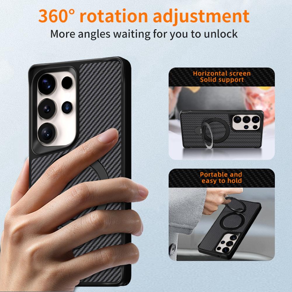 For Samsung Galaxy S25 Ultra Phone Case with Magnetic Kickstand TPU + PC Carbon Fiber Back Cover