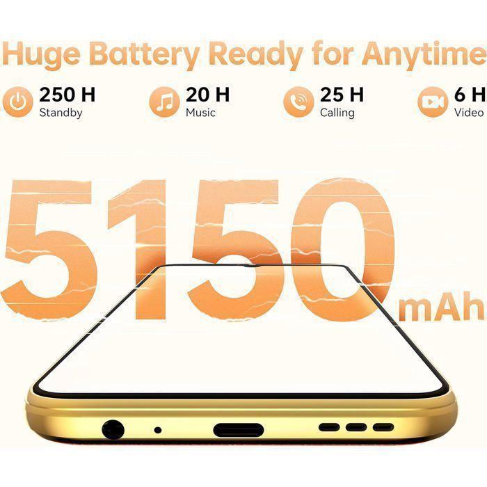 OUKITEL C33 Smartphone Pas Cher 15Go+256Go Telephone Portable Caméra 50MP 6.8" HD+ 5150mAh Smartphone Dual SIM/Face ID/GPS, Orange