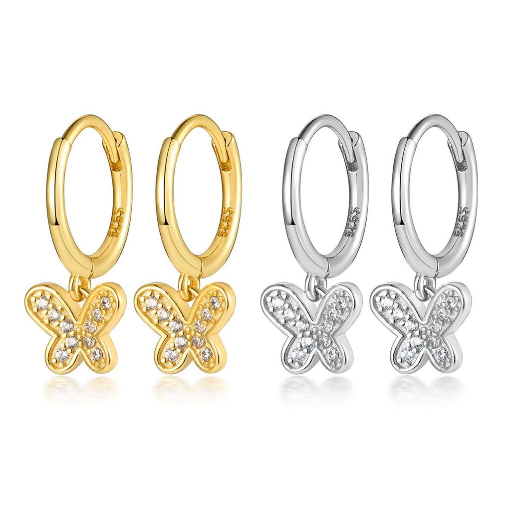INS Style 925 Sterling Silver Butterfly Zircon Ear Studs & Hoops Earrings for Women