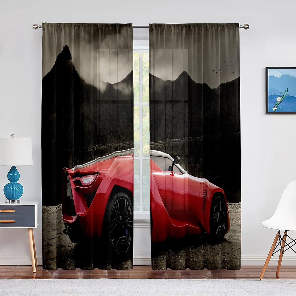 Black Cool Sports Car Movie Print Pattern Modern Boys Drapes Window Curtains for Living Room Bedroom Kitchen 2 Pieces Decor