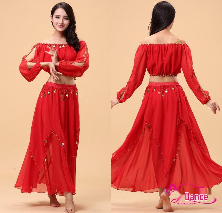 Adult Belly Dance Performance Set - Indian Style, Lantern Sleeve, Coin Skirt Practice Costume