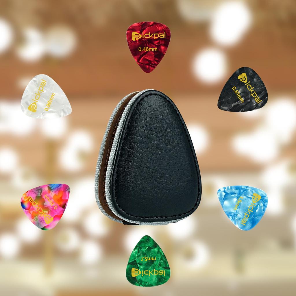 PICKPAL Bakelite Guitar Pick Holder with Leather Clip and Six Picks - Acoustic Instrument Accessory