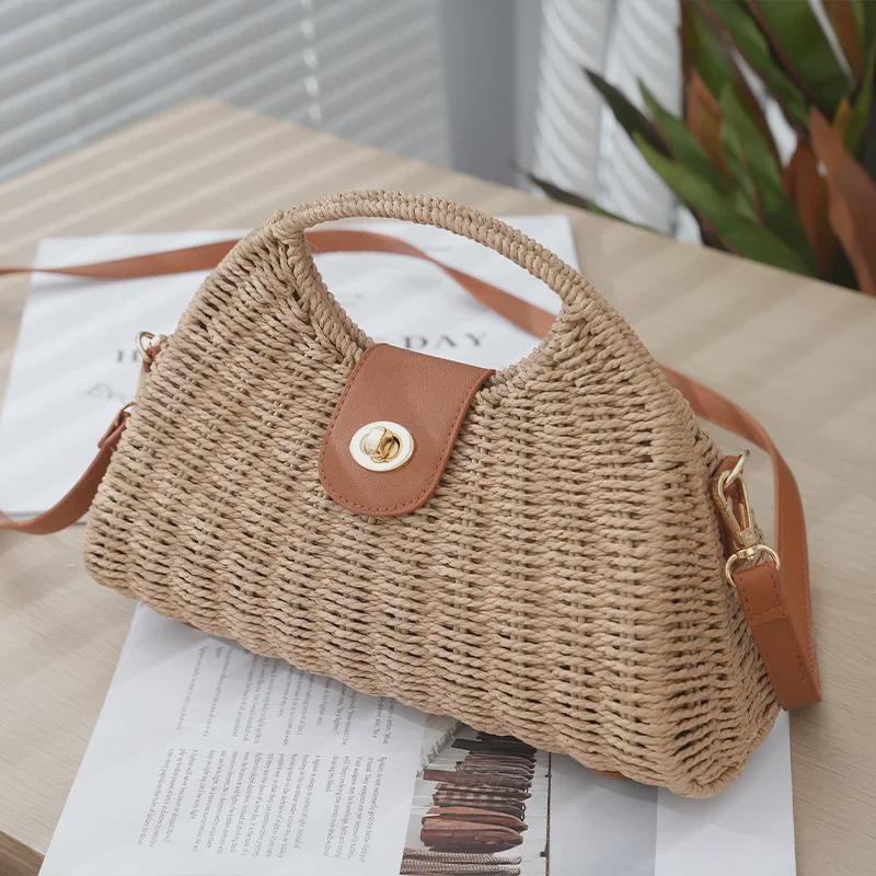 Seaside Holiday Retro Woven Beach Bag - Women's Handheld Shoulder Crossbody