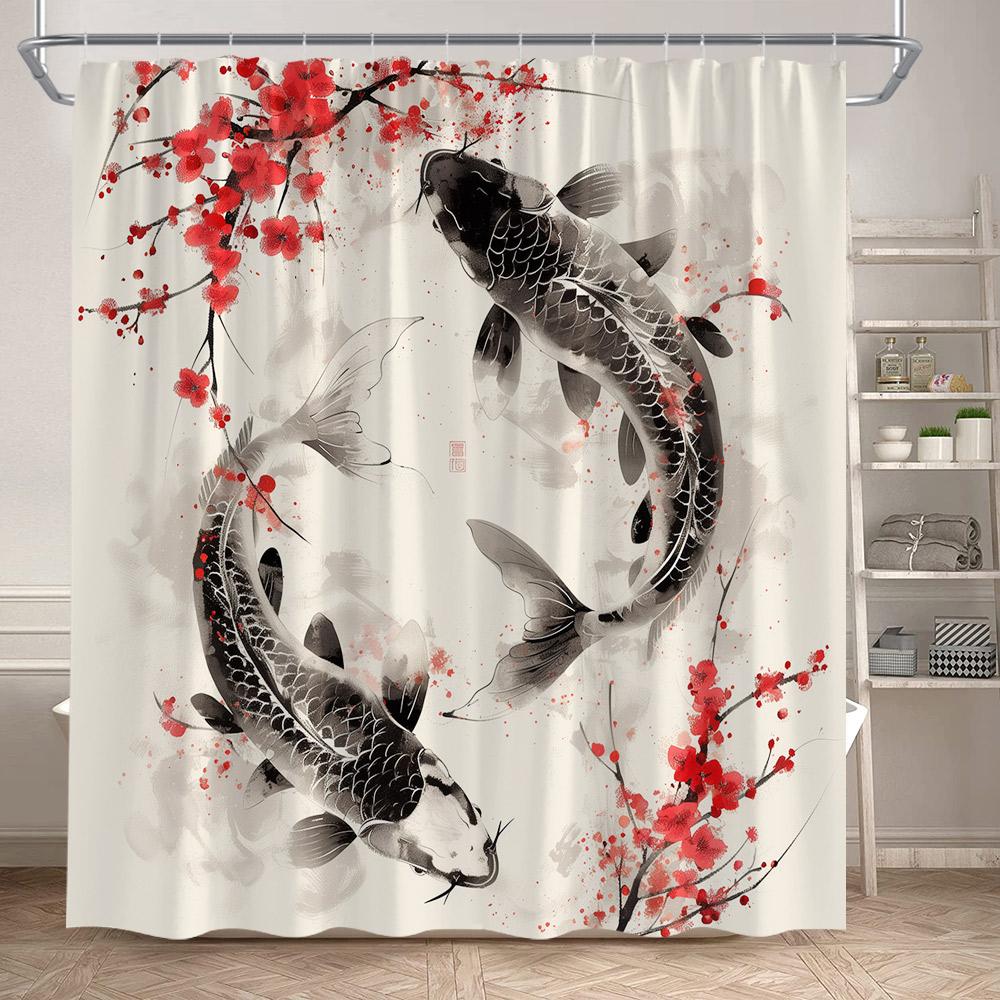 Pink Cherry Blossom Koi Fish Shower Curtains Watercolour Floral Lotus Leaves Carp Japanese Style Bathroom Curtain Set Home Decor