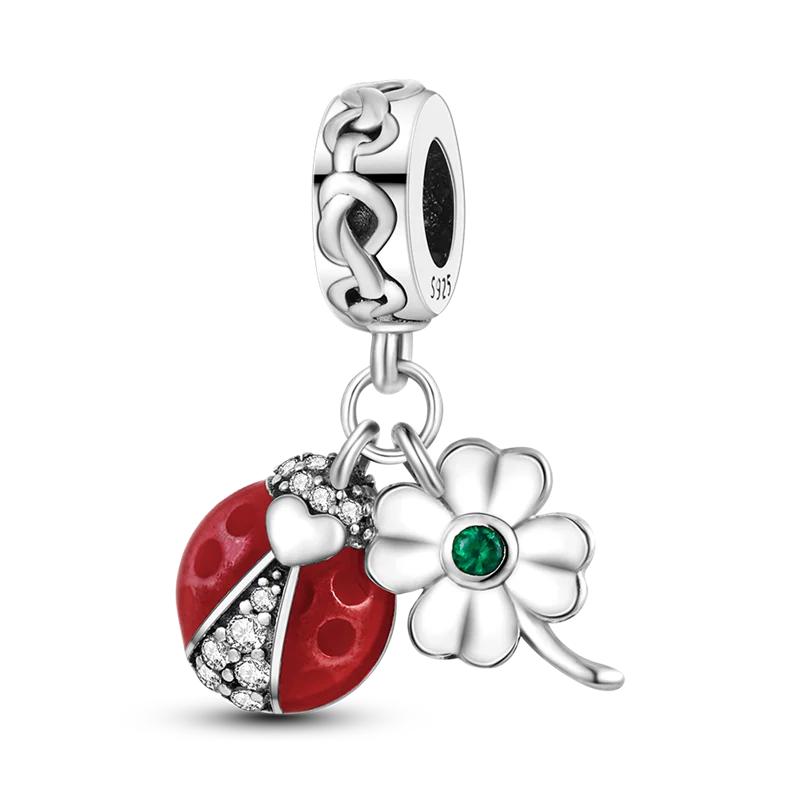 Authentic Copper Green Four-Leaf Clover Pink Design Pendant Fit Original Bracelet Jewelry Charm Bead Set Necklace Diy Female Jewelry