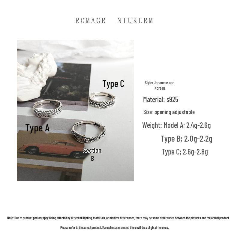 Inel de deget arătător deschis din argint sterling 925 pentru femei - Design trendy retro cu lanț