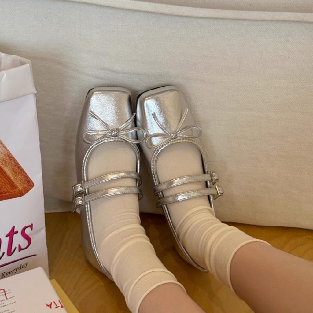 French fairy style silver square head single shoes women's spring and autumn 2025 new bow commuter flat Mary Jane shoes