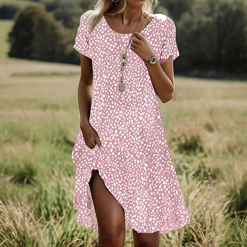 Short Sleeve Boho Dress For Women Casual Loose Fit Summer Sundress Floral Print Dress With Pockets