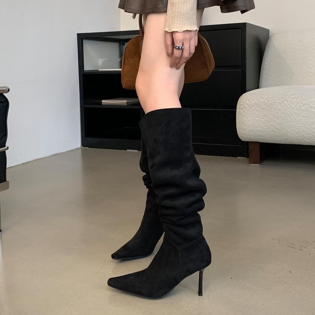 Overknee-Stiefel für Damen, zwei Modelle mit weitem Schaft für Herbst und Winter, Wildleder, spitze Zehen, dünne Absätze, hohe Absätze, gefaltete, übereinanderliegende Stiefel