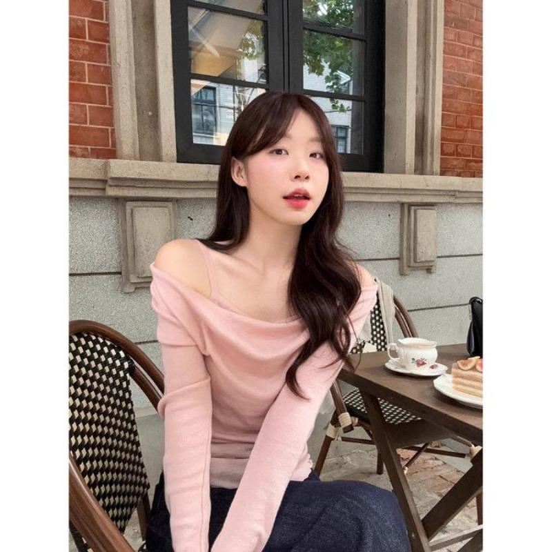 Fake Two-piece Off-shoulder Spliced Long-sleeved T-shirt for Women In Autumn New Slim-fitting Ear-hem Bottoming Top