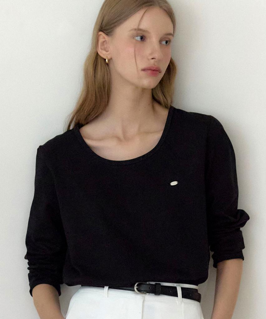 OURHOPE Logo Silky U-Neck Sleeve T-Shirt - Black
