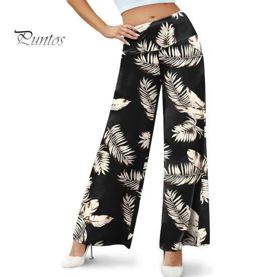 

Женские повседневные брюки с принтом листьев, эластичные брюки с высоким поясом, прямые широкие длинные брюки, эластичные офисные брюки, уличная одежда 2XL чёрный
