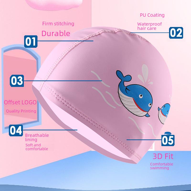 Kids' Cartoon Swim Cap with Waterproof Ear Protection & High Elasticity - Comfortable PU Cap for Boys & Girls, Customizable Logo Available.