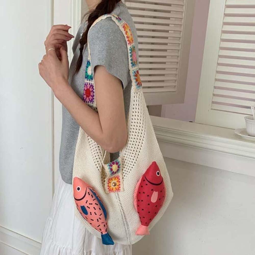 Fish Cotton Crochet Shoulder Bag Summer Tassels Beach Handbag Leisure Hollow Out Woven Bag  Beach