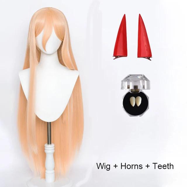Anime Chainsaw Man Makima Power Cosplay Pruik Lang Oranje Roze Hittebestendig Synthetisch Haar Feest Rolspel Pruiken + Pruikenkapje + Hoorns One Size beige