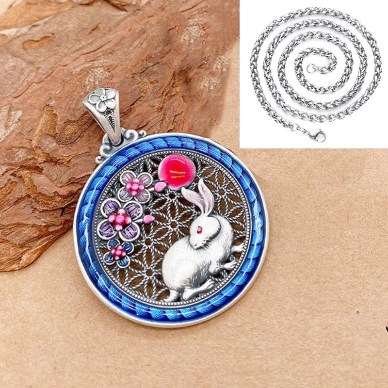 Archaic Rhyme Chinese Style Peony Flower Necklace   Colored Enamel Circular Pendant Ethnic Style Pendant Jewelry