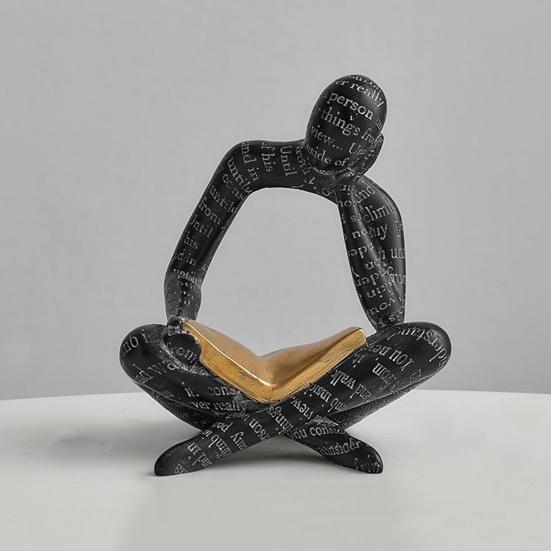 Abstracte Leesman Figuur met Gouden Boek Man Hars Beeld Sculptuur Huis Kantoor Bureau Decoratie Ornament Boekenliefhebbers Cadeau