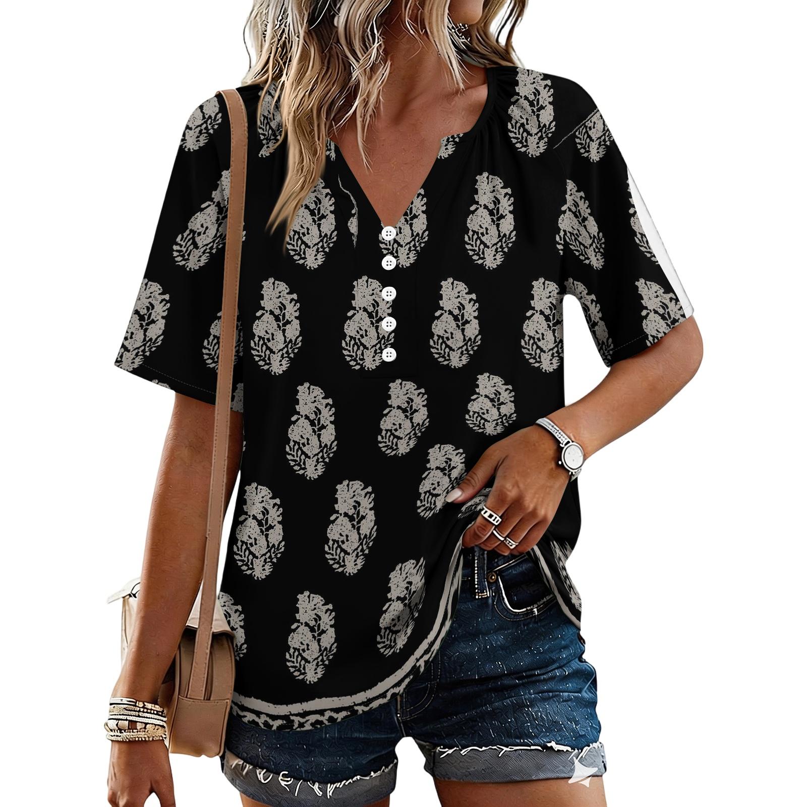 Women s Fashionable Casual Floral Print Button V-neck Short-sleeved Top L чёрный