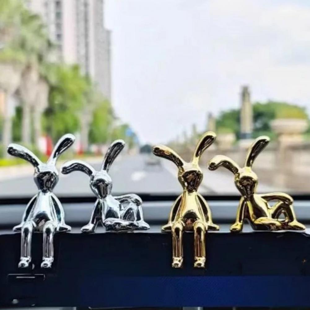 2Pcs Rabbit Figurine UV Electroplating Adhesive Sitting Long Ear Bunny Figurine Plastic Car Dashboard Decoration Christmas Gift