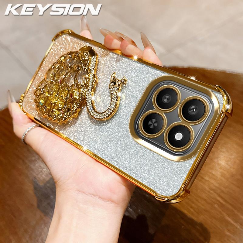 KEYSION Shockproof Plating TPU Phone Case for HONOR X7d 5G Glitter Jewelled Swan kickstand Back Cover for Honor 400 Smart 5G