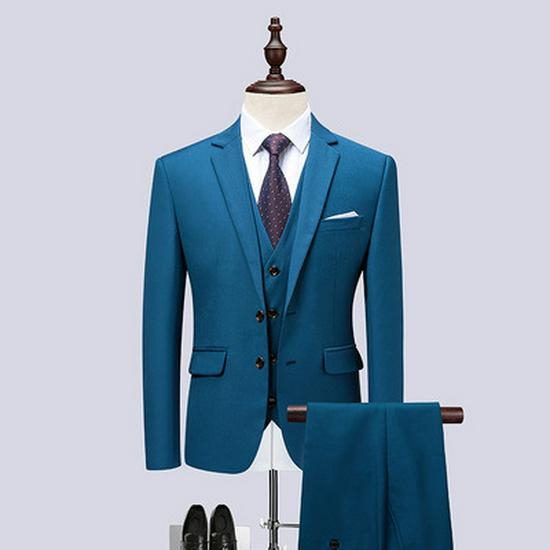 Men's Year-Round Solid Color Business Casual Two-Button Suit Three-Piece Set, Plus Size Options Available