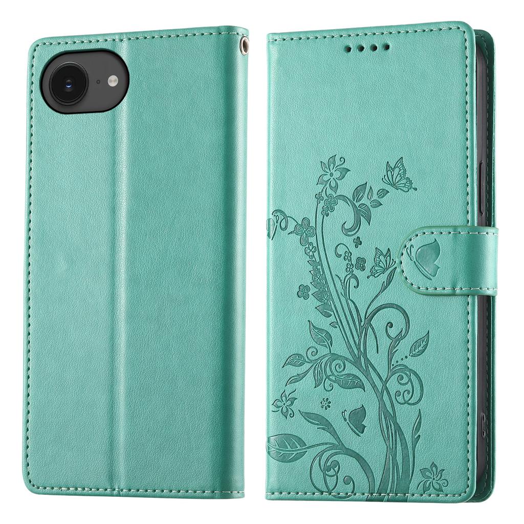 For iPhone 16e Wallet Case Butterfly Floral Imprint PU Leather Phone Cover with Wrist Strap
