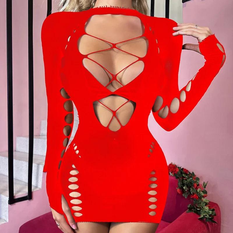 Sexy Fishnet Bodycon Dresses Women Hollow Nightwear Night Clothes  Pajamas Mujer Porno Clubwear See Through Bodysuit Dress