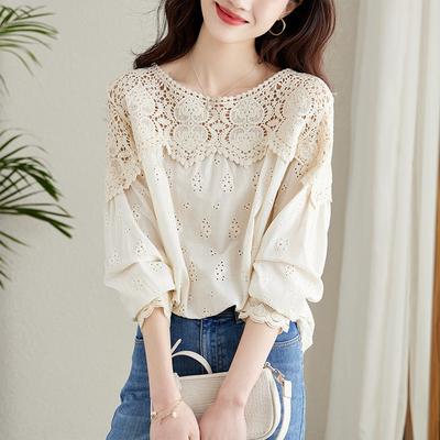 Camisa hueca de encaje color albaricoque para mujer, manga larga, ropa de primavera, nuevo diseño, top de nicho, camisa de algodón chic