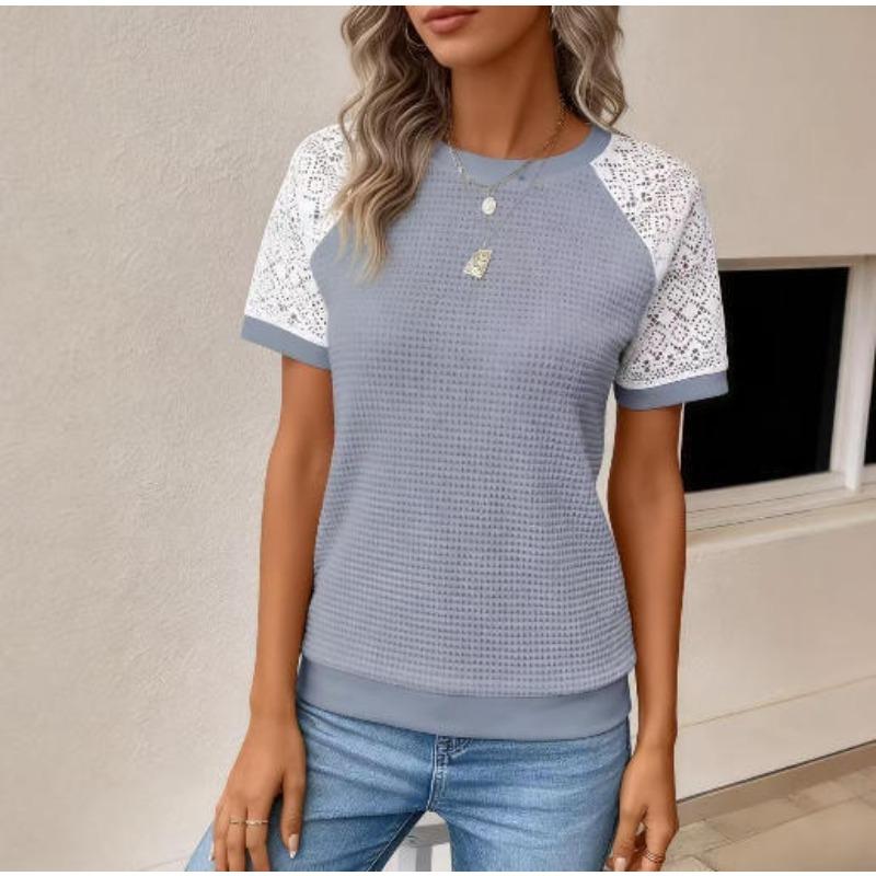 Women's Lace Top Crew Neck Long Sleeve Openwork Slim Fit Casual Blouse