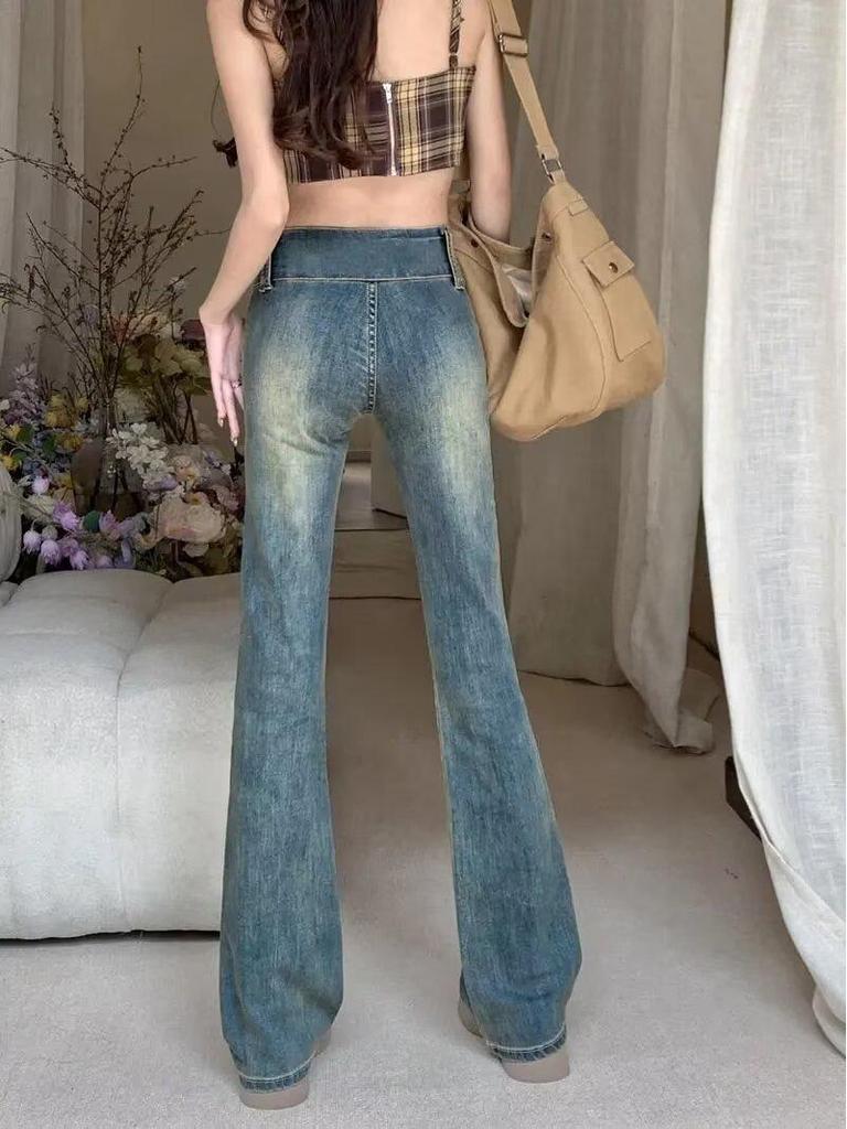 Women's Washed Retro Micro-Flare Jeans, High-Waisted, Elastic, Distressed, Slimming, Fall 2024 Collection.