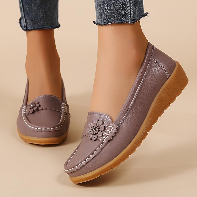 Women's Flower Decor Flat Loafers, Casual Solid Color Slip On Shoes, Lightweight & Comfortable Shoes