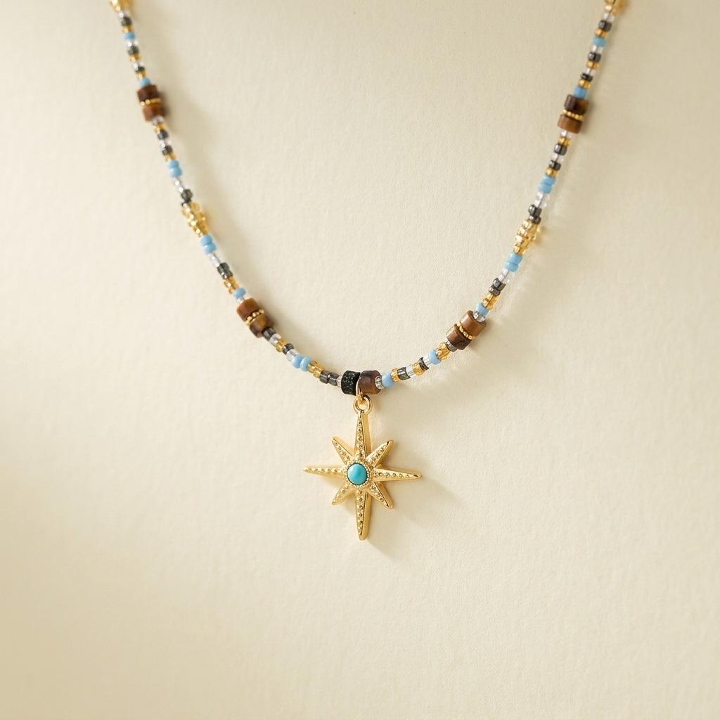 New Chinese Octagram Natural Stone Dopamine Color Beaded Necklace Femininity Retro Niche Collarbone Chain
